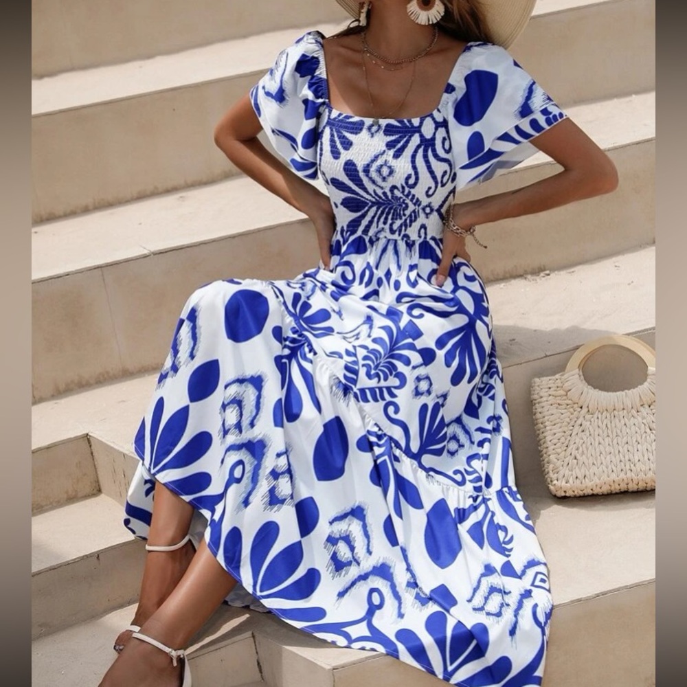 Boho Allover print shirred ruffle hem maxi dress - Picture 2 of 7